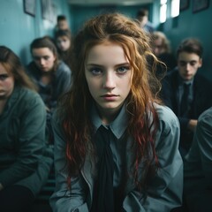 Young girls and boys adolescent in juvenile detention center or high school students graduating college in third world country having hard times studying and strict discipline   - obrazy, fototapety, plakaty
