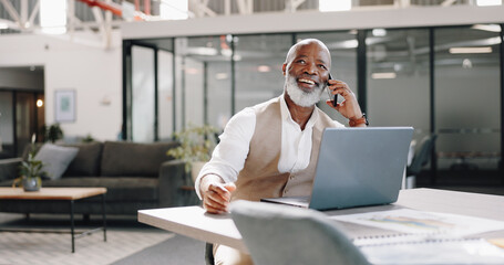Smile, phone call or happy senior businessman in office for networking, good news or deal negotiation. Black man, laptop or mature CEO on mobile communication for target, discussion or sales mission - obrazy, fototapety, plakaty