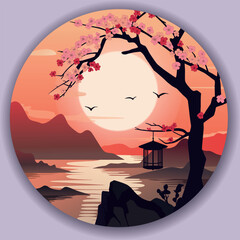 Sakura and Japanese lantern at sunset by the sea. Hanami icon. Round vector isolated illustration.