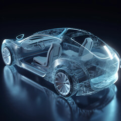 futuristic electric car concept, sleek silhouette with luminous neon blue trims, city streets illuminated by neon lights reflecting off wet pavement,