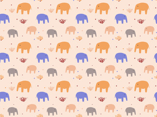 Colorful elephants in the wild seamless pattern for textile or wrapping paper printing. Children cartoon style