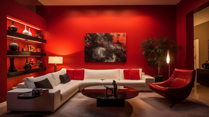 Striking red wall, Vivid living space, Feature wall inspiration, Bold interior choice, Statement wall design,