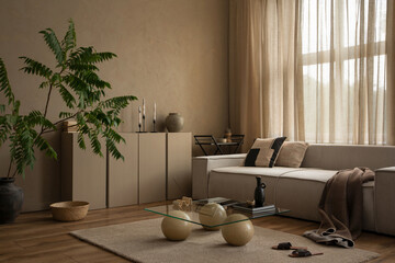 Interior design of warm living room interior with modular sofa, brown sideboard, stylish coffee...