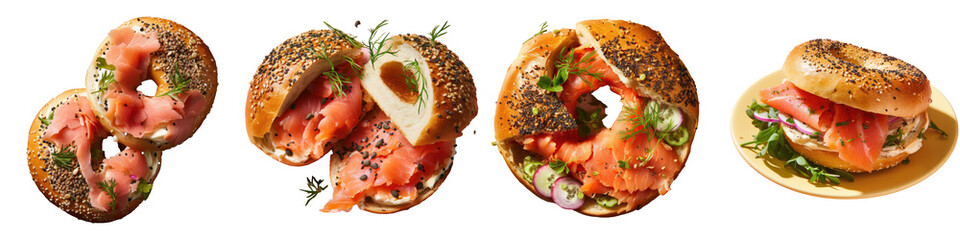 An image of a sliced bagel with salmon on a transparent background from above