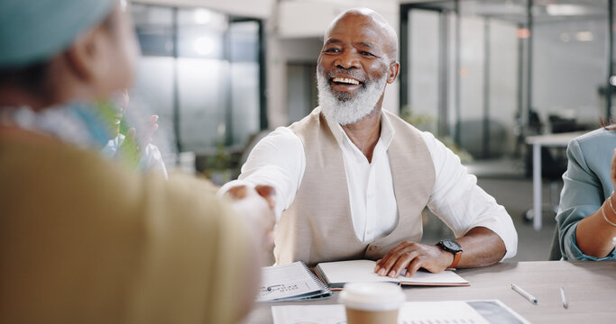 Handshake, negotiation talk or happy businessman in meeting in office for paperwork or contract. Job interview, shaking hands or senior black man with human resources team for recruitment opportunity