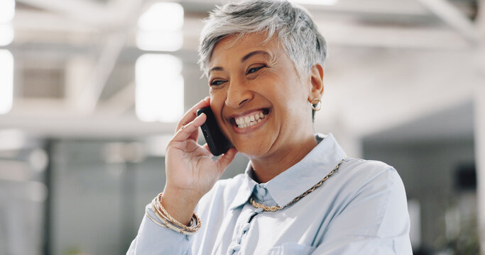 Smile, phone call or happy senior businesswoman in office for networking, good news or deal negotiation. Laughing, face or proud mature CEO on mobile communication for target, discussion or mission