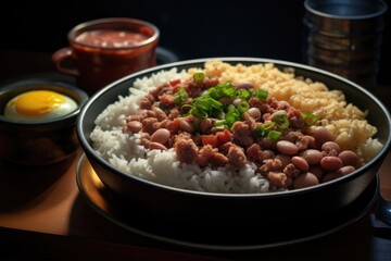 Plate of typical Brazilian food with rice, beans and meat. Generative AI