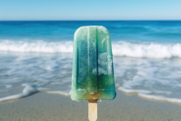 Blue popsicle contrasting with beautiful blue ocean, refreshment and summer concept. Generative AI