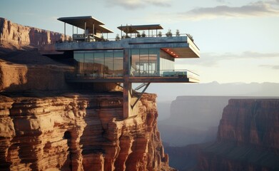 Modern futuristic house landscape on hill, canyons and desert. Generative AI
