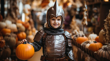 Сlose-up Halloween portrait of joyful little boy dressed as a knight in armor and helmet, holding a small orange pumpkin, embodying the cheerful spirit and delight of the holiday. Сhildren's holiday