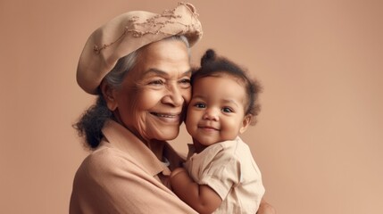 A joyful senior grandmother holds her grandkid in a beige background. Generative AI