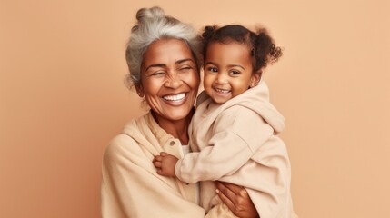 Love and laughter between grandma and grandchild against studio background. Generative AI