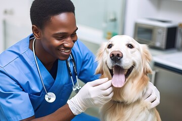 Smiling veterinarian with a dog in the clinic.