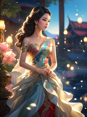 portrait, beautiful Thai girl in Thai dress. AI Generative