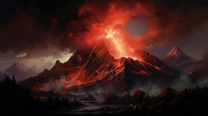 Landscape with erupting volcano, nature phenomena concept. Generative AI - obrazy, fototapety, plakaty