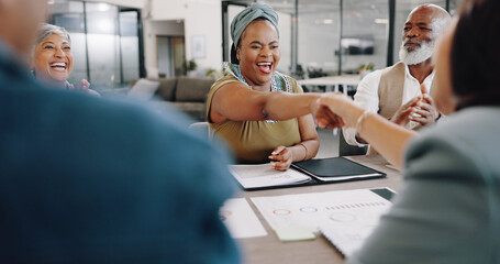 Business people, handshake and success in b2b meeting, agreement and applause for contract, deal or...