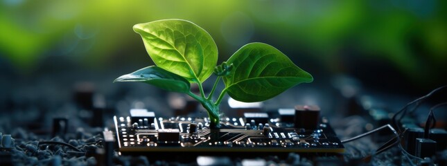 Small plant on circuit board, technology and sustainability concept. Generative AI - obrazy, fototapety, plakaty