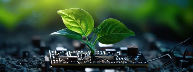 Wandaufkleber Small plant on circuit board, technology and sustainability concept. Generative AI © Deivison
