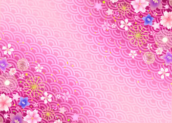花と金装飾の和風背景　年賀状　和柄　青海波　キラキラピンク