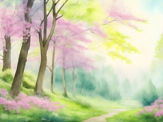 Obraz na płótnie Canvas Spring forest watercolor view 