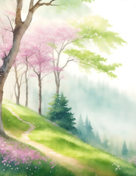 Spring forest watercolor view 