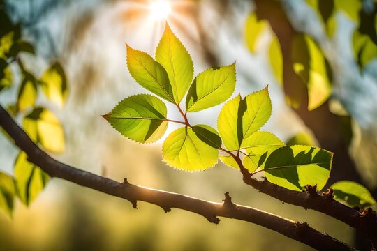 bud of new little leaves on a branch, in first plane, warm sunlight, with a tree background - AI Generative