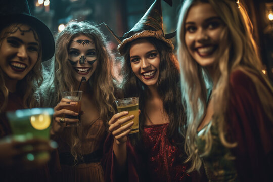 Girls in halloween costumes drinking in a bar, party
