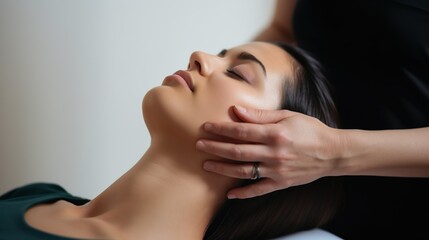 Physiotherapist, chiropractor doing a cranial sacral therapy to a man patient. Activating trigeminal nerve. Osteopathy