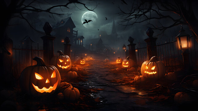Halloween graveyard background illustration with pumpkin and bats horror concept, celebrating the Day of the Dead, Halloween night