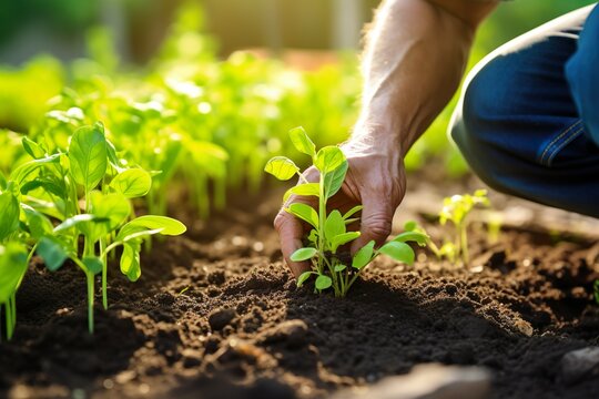 Hands of woman planting young lettuce seedlings in the soil. Horticulture sostenible. gardening hobby. Healthy organic food concept.