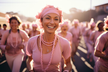 A group of people participating in a Breast Cancer Awareness charity walk, wearing pink attire and walking with determination. Generative Ai - obrazy, fototapety, plakaty