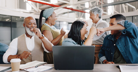 Business people, fist bump and success on laptop for startup news, team goals or winner sales and...