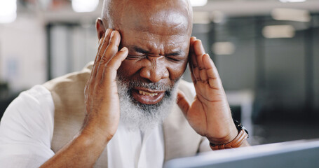 Headache, stress and senior business man in office with vertigo, pain or brain fog. Anxiety,...