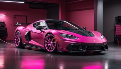 Pink sports car in a house car garage