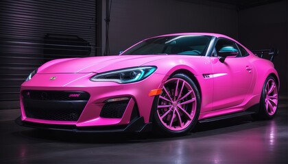 Luxury pink modern sports car vehicle, Expensive sports car in small vehicle garage