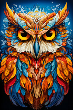 Image of owl's face with colorful feathers.