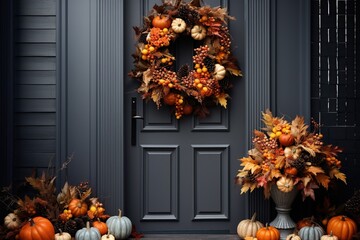 Autumn wreath on front house door, pine cones, pumpkins and leaves in wreath, modern style, Generative AI - obrazy, fototapety, plakaty