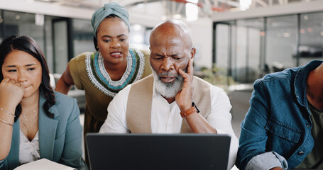 Business people, laptop and team confused with sad news, marketing mistake and social media disaster or risk. Manager, editor and group of employees reading on computer for copywriting error or fail