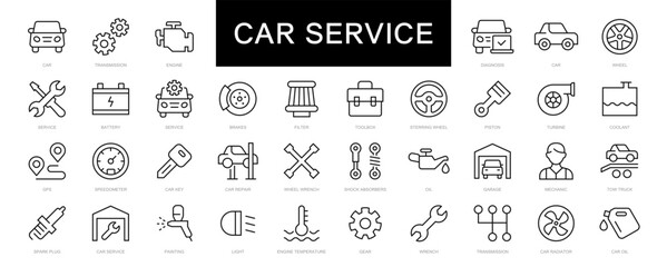 Car service & Auto repair thin line icons set. Car service editable stroke icon collection. Car, Service, Repair, Engine, Diagnostic, Auto, Vehicle, Transmission symbol. Vector 