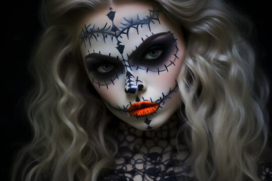 a girl with a painted skull mask celebrating the Day of the Dead, Sugar skull girl, a portrait of a woman with a Halloween mask, Halloween night