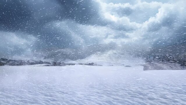 Winter landscape during snow storm. Anime Seamless Background.