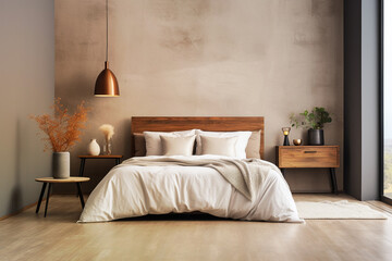 Modern bedroom with a bed, pillow and blanket, plant and wooden floor, minimal lifestyle, empty wall