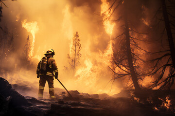 A firefighter in the woods, fighting fire
