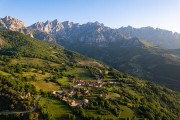 Aerial view of the Spanish village of Mogrovejo at sunrise 