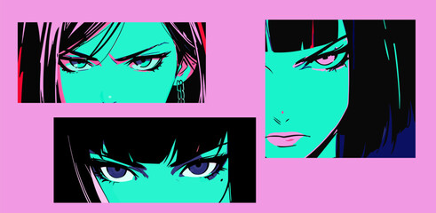 Dark-haired angry cool anime woman with short haircut. Retro comic book style vector illustration.