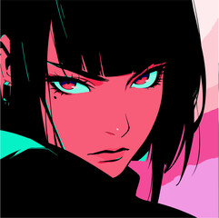 Dark-haired angry cool anime woman with short haircut. Retro comic book style vector illustration.