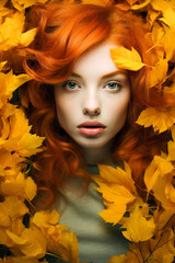 Obraz na płótnie Canvas Young beautiful woman with red curly hair and yellow leaves around and behind her