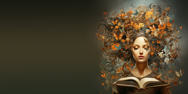 Human mind with butterflies and flowers, woman reading a book, mental health concept, positive thinking, creative brain, fairy tale story