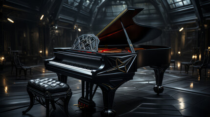 BEAUTIFUL MUSICAL INSTRUMENTS. LUXURY BLACK PIANO IN THE DARK SCENE.