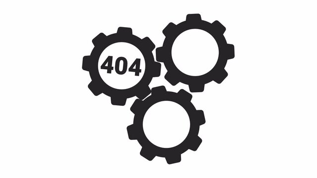 Gears cogwheels black and white error 404 animation. Failure malfunction. Configurations error message gif, motion graphic. Jammed mechanisms animated objects linear 4K video isolated on white